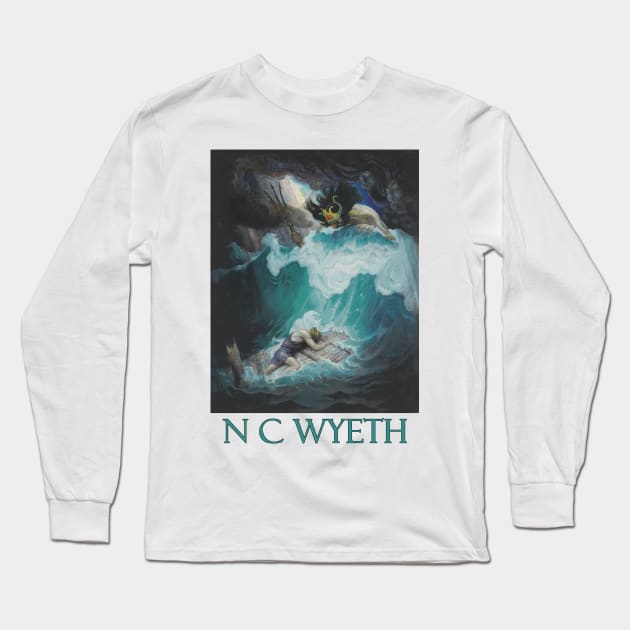 Neptune Battles with Odysseus by N C Wyeth Long Sleeve T-Shirt by Naves